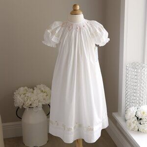 White Smocked Bishop Dress Heirloom Cotton Satin Trim Pink Embroidery RARE ITEM